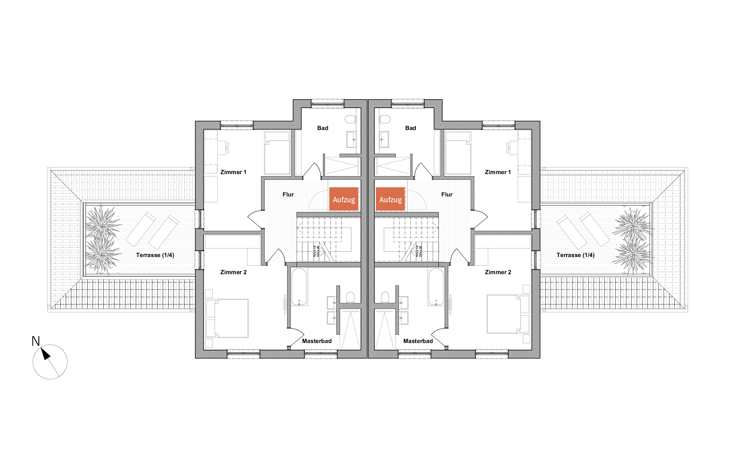 Grundriss des Obergeschosses beider Doppelhaushälften mit Schlafzimmern, zwei Bädern, Dachterrassen und Personenaufzug