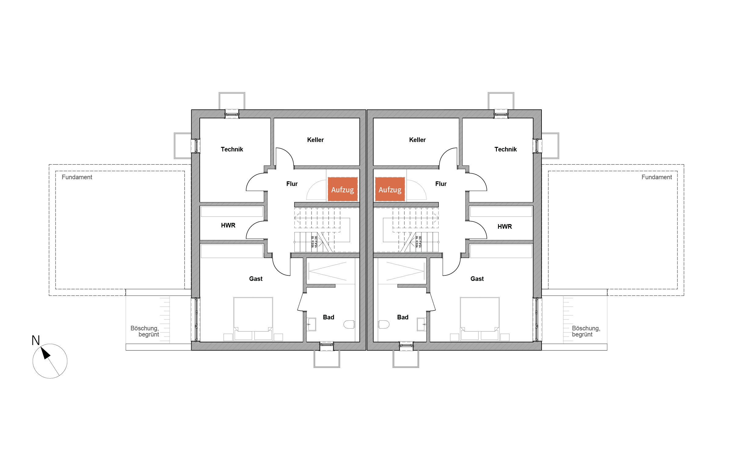 Grundriss des Untergeschosses beider Doppelhaushälften mit Gästezimmer, Bad, Keller, Technikräumen und Personenaufzug